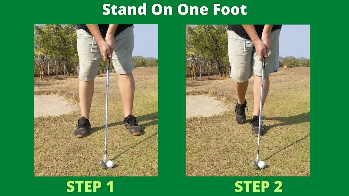 stand on one foot drill to avoid hitting behind the ball, photo taken by Clint McCormick