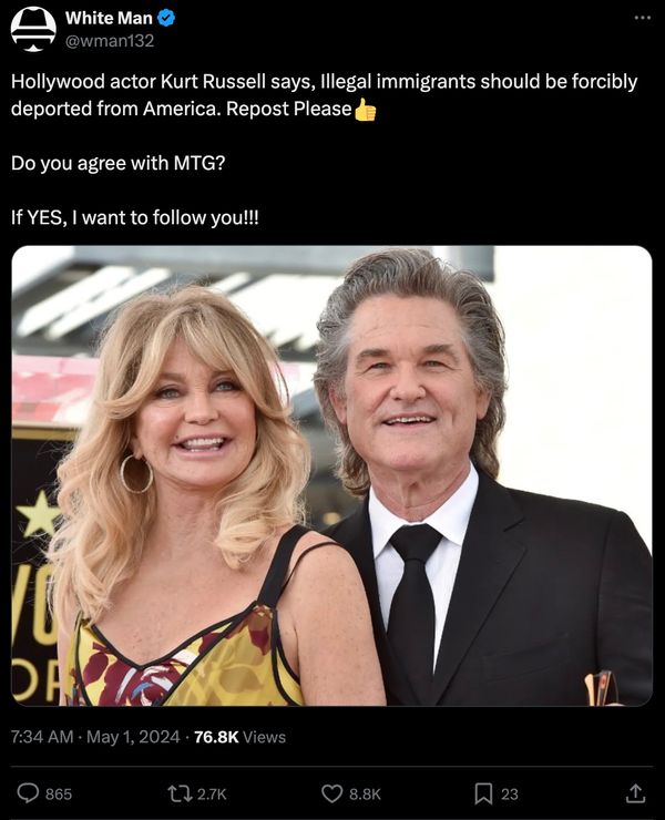 Users on X claimed there was breaking news with the words Hollywood legend Kurt Russell just said that illegal immigrants should be forcibly deported from America.