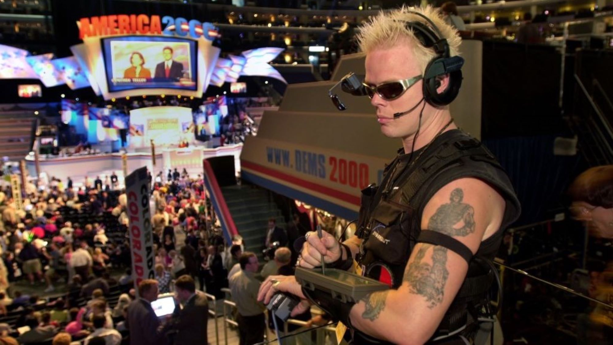 An employee operates a wearable computer at the Democratic National Convention.