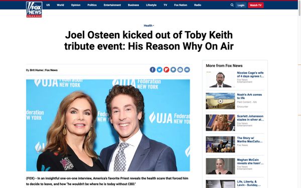 A false and scammy Facebook ad claimed Joel Osteen left his ministry and event organizers kicked him out of a Toby Keith tribute.