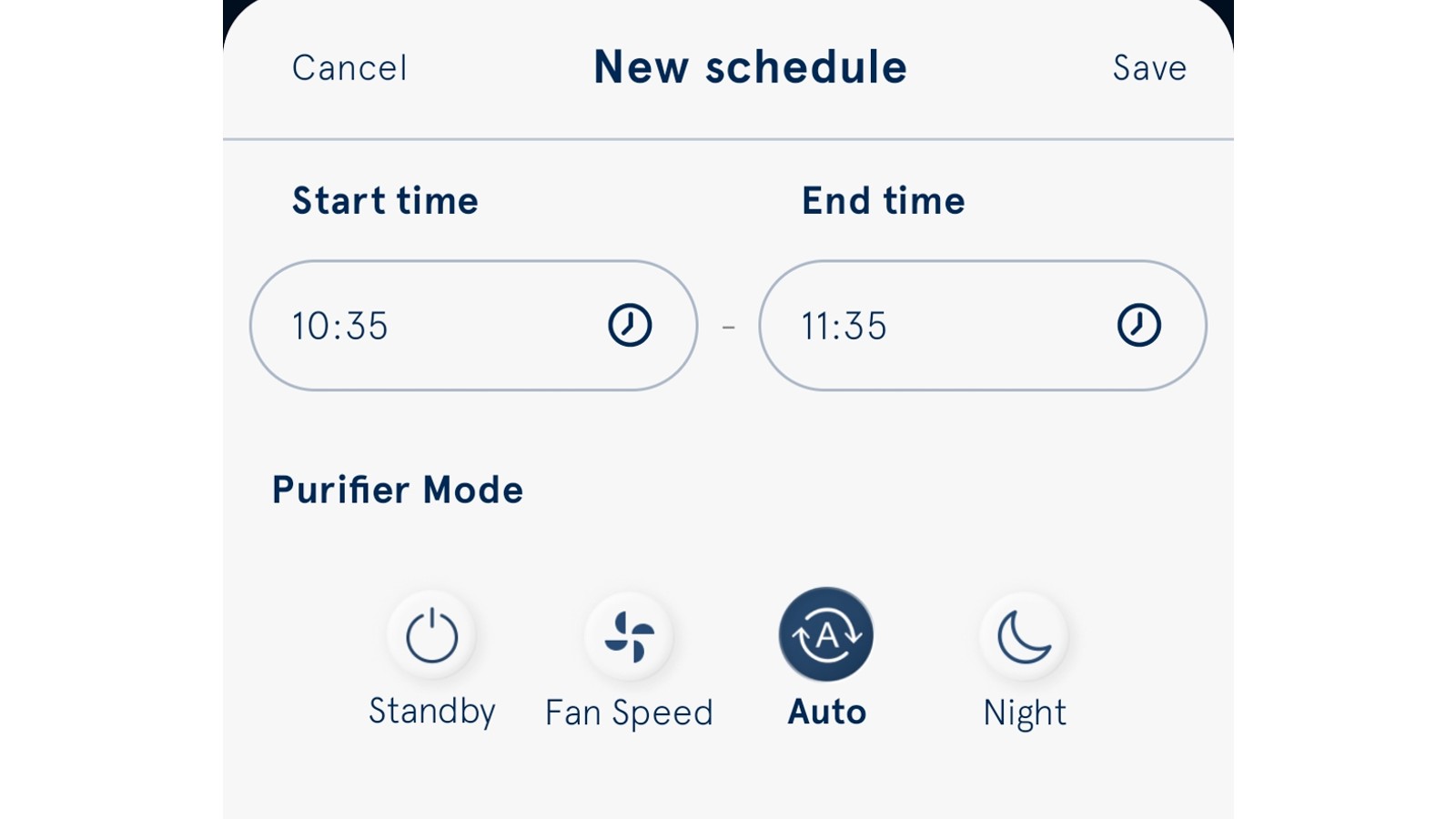 Screenshot of the scheduling feature in the BlueAir app