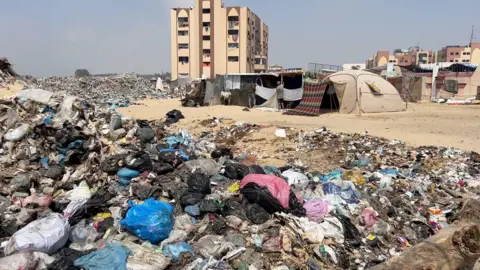 Rubbish pile in front of makeshift tents and buildings in al-Aqsa