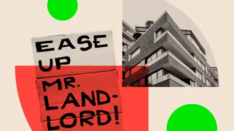 Getty Images Montage showing a protest against rent rises with a demonstrator holding up a banner that reads "Ease up Mr. Land-lord!" alongside an image of a modern apartment block