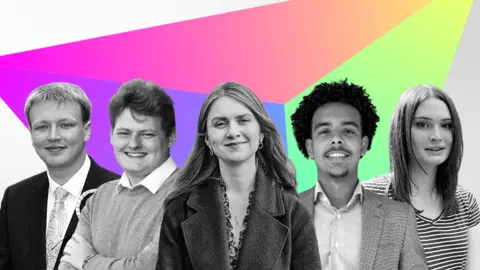 BBC  Graphic showing five young candidates who are standing in the general election. From L-R: Ross Clark, Luke Holmes, Martha O'Neil, Pedro Da Conceicao, Rebecca Jones   