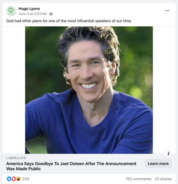 A false and scammy Facebook ad claimed Joel Osteen left his ministry and event organizers kicked him out of a Toby Keith tribute.