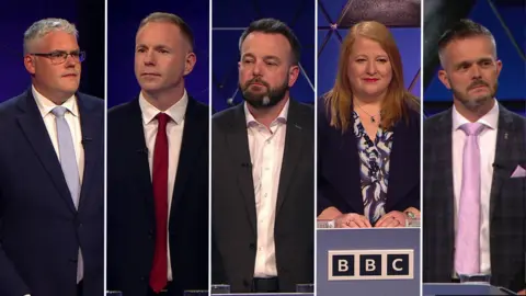 BBC Democratic Unionist Party (DUP) leader Gavin Robinson, Sinn Féin's Chris Hazzard, Social Democratic and Labour Party (SDLP) leader Colum Eastwood, Alliance leader Naomi Long and Ulster Unionist Party (UUP) deputy leader Robbie Butler