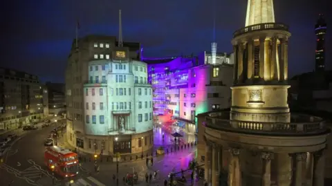 General view of BBC Broadcasting House (with overlay of NBH projected onto Broadcasting House) in London just ahead projection of the GfK/Ipsos MORI Exit Poll (conducted for BBC/ITV/Sky) in 2017