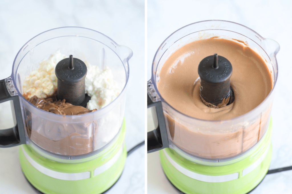 A side-by-side photo collage of a mini food processor with the ingredients for cottage cheese fudge before and after blending.