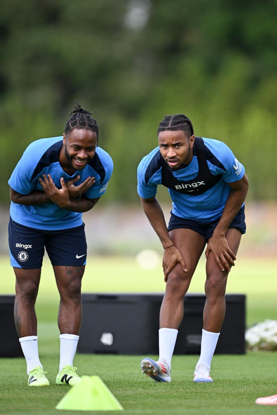 Raheem Sterling and Christopher Nkunku of Chelsea during a training session (Chelsea FC via Getty Images)