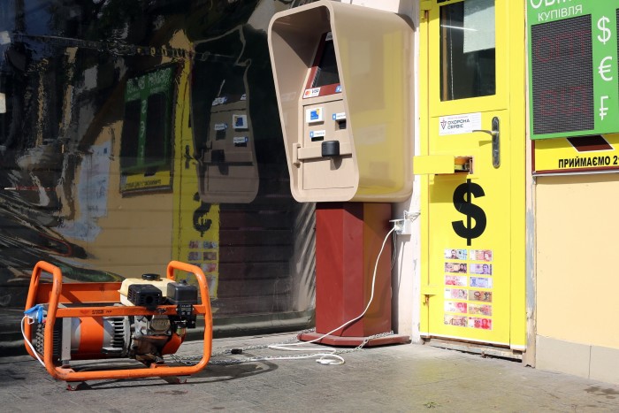 A diesel generator stands on Derybasivska Street in Odesa, Ukraine.