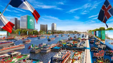 Paris 2024/Florian Hulleu A visualisation of a parade of athletes on the River Seine during the Opening Ceremony of the Paris 2024