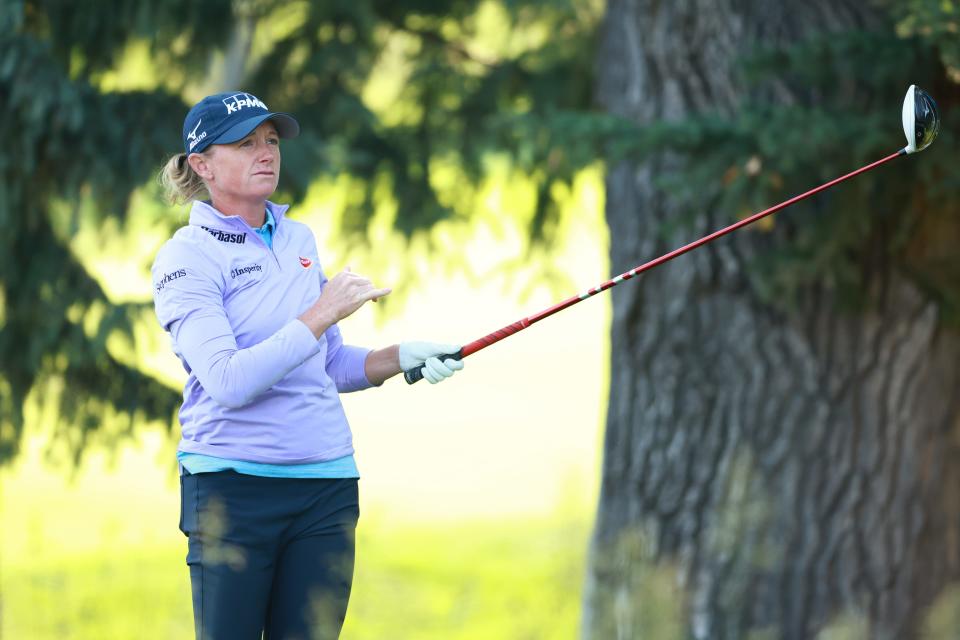 Stacy Lewis reacts to her shot from the 10th tee during the first round of the 2024 CPKC Women's Open at Earl Grey Golf Club. (Vaughn Ridley/Getty Images)