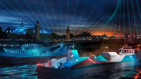 Paris 2024/Florian Hulleu Artists impression of the boats over the river Seine during the opening ceremony of Paris 2024