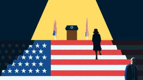 Andy Carter illustration of a woman walking up stairs that are coloured as the US flag to a podium that bears the seal of the American president