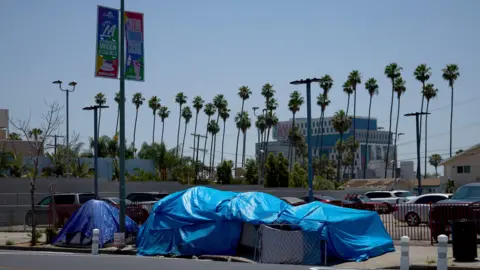 EPA Blue tarps drape over a series of tents on a sidewalk in Los Angeles. A row of palm trees can be seen in the background. 