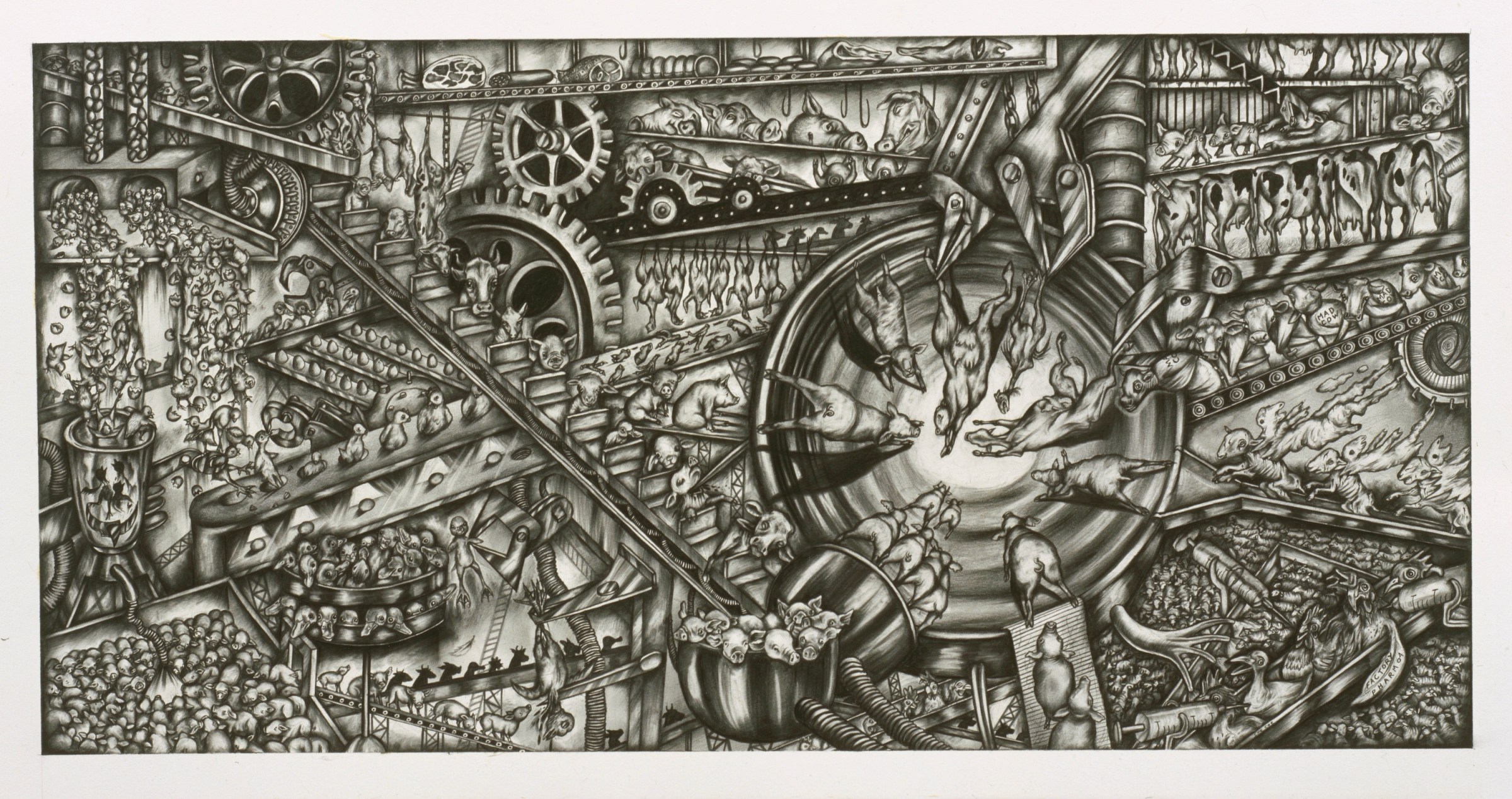 Stylized black-and-white woodcut illustration of a densely packed factory with farm animals inside the gears and machinery, creating a sense of the meat industry as a relentless killing machine or conveyor belt