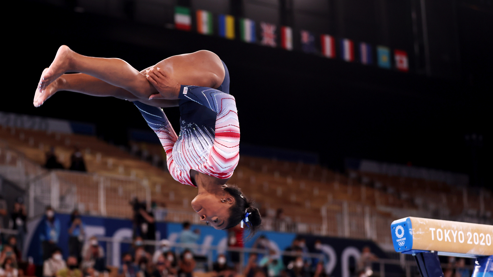 Simone Biles of Team United States competes in the Women's Balance Beam Final on day eleven of the Tokyo 2020 Olympic Games at Ariake Gymnastics Centre on August 03, 2021 in Tokyo, Japan.