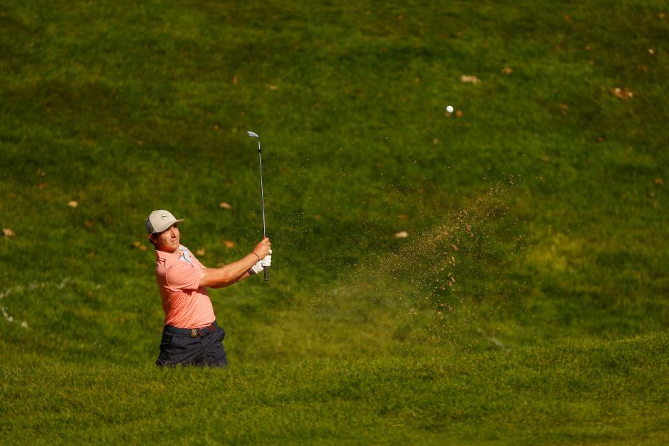 Benjamin James plays his second shot from a bunker on the third hole during the second round of stroke play of the 2024 U.S. Amateur at Chaska Town Course in Chaska, Minn. on Tuesday, Aug. 13, 2024. (Chris Keane/USGA)