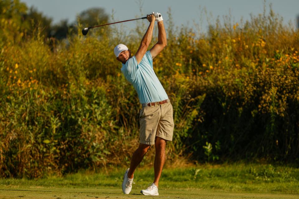 Stewart Hagestad plays his tee shot on the third hole during the second round of stroke play of the 2024 U.S. Amateur at Chaska Town Course in Chaska, Minn. on Tuesday, Aug. 13, 2024. (Chris Keane/USGA)