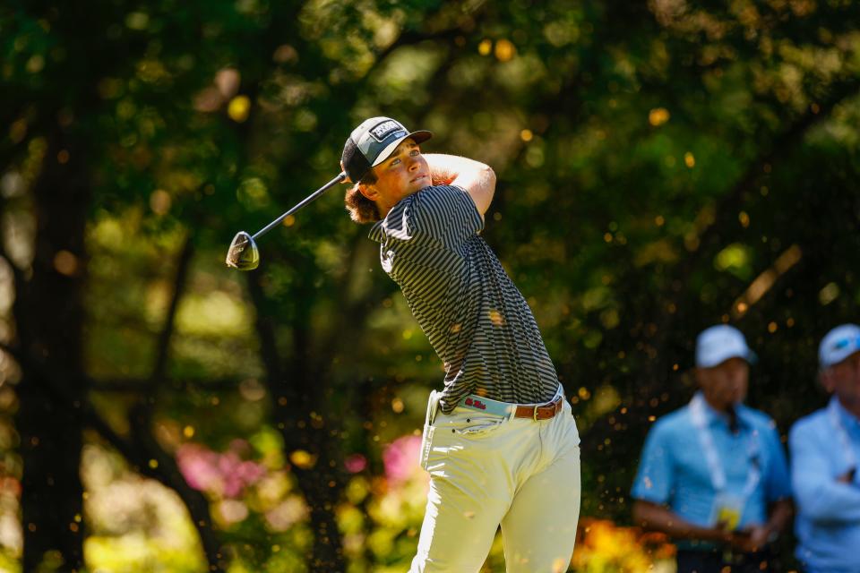 Michael La Sasso plays his tee shot on the 14th hole during the first round of stroke play of the 2024 U.S. Amateur at Hazeltine National Golf Club in Chaska, Minn. on Monday, Aug. 12, 2024. (Mike Ehrmann/USGA)