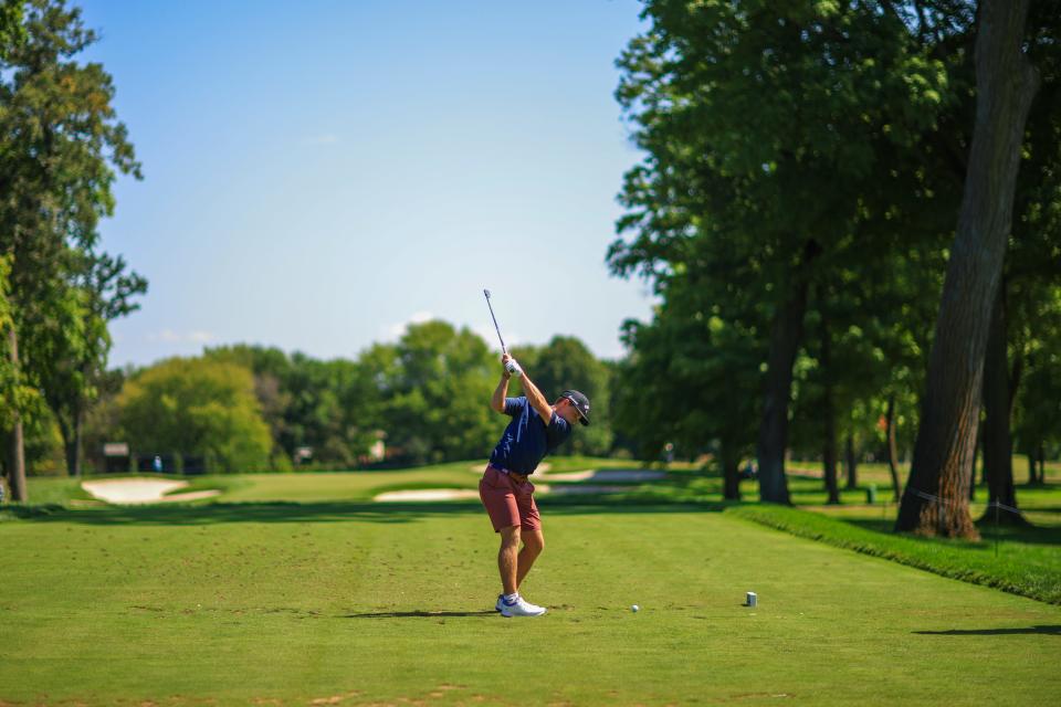 Blades Brown plays his tee shot on the third hole during the first round of stroke play of the 2024 U.S. Amateur at Hazeltine National Golf Club in Chaska, Minn. on Monday, Aug. 12, 2024. (Mike Ehrmann/USGA)