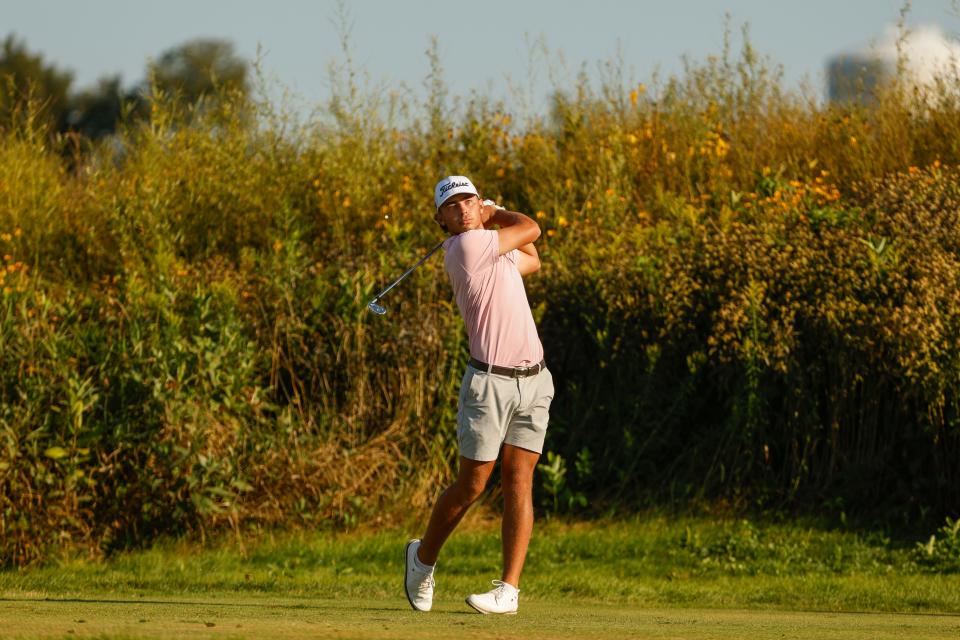 Trevor Gutschewski plays his tee shot on the third hole during the second round of stroke play of the 2024 U.S. Amateur at Chaska Town Course in Chaska, Minn. on Tuesday, Aug. 13, 2024. (Chris Keane/USGA)