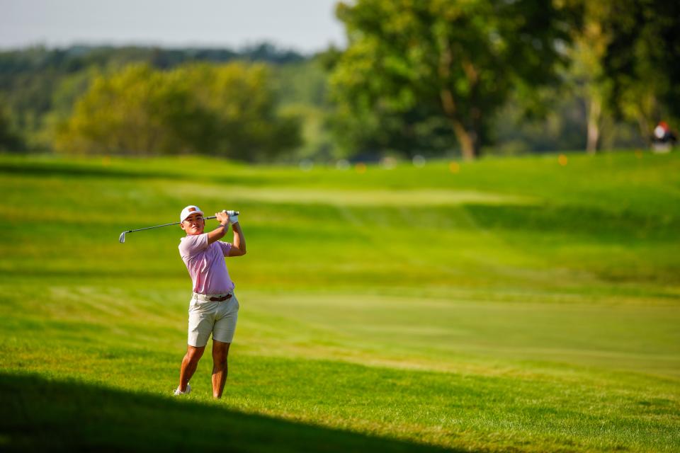 Hiroshi Tai plays a shot on the second hole during the second round of stroke play of the 2024 U.S. Amateur at Hazeltine National Golf Club in Chaska, Minn. on Tuesday, Aug. 13, 2024. (Mike Ehrmann/USGA)