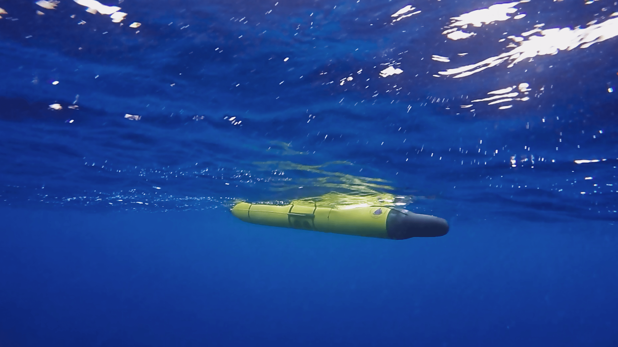 An underwater view of a torpedo-shaped research vehicle with wings, called a glider, moves just under the surface of the ocean.