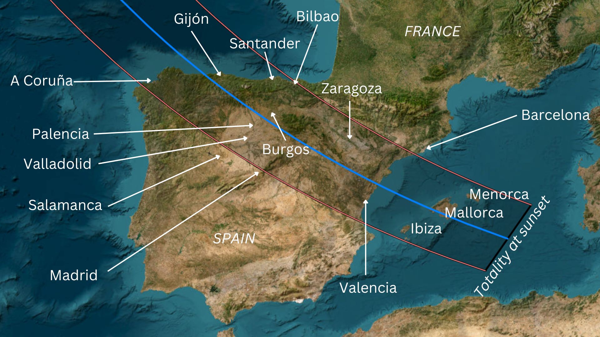 a map of spain and portugal showing the path of the eclipse.