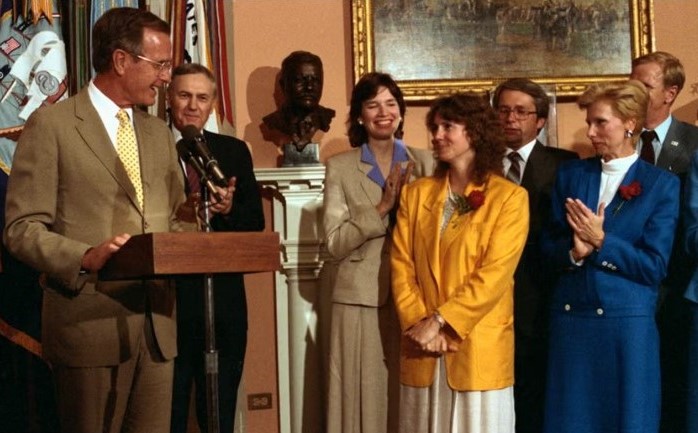 Vice President George H.W. Bush announces the prime, S. Christa McAuliffe, and backup, Barbara R. Morgan, Teacher in Space candidates