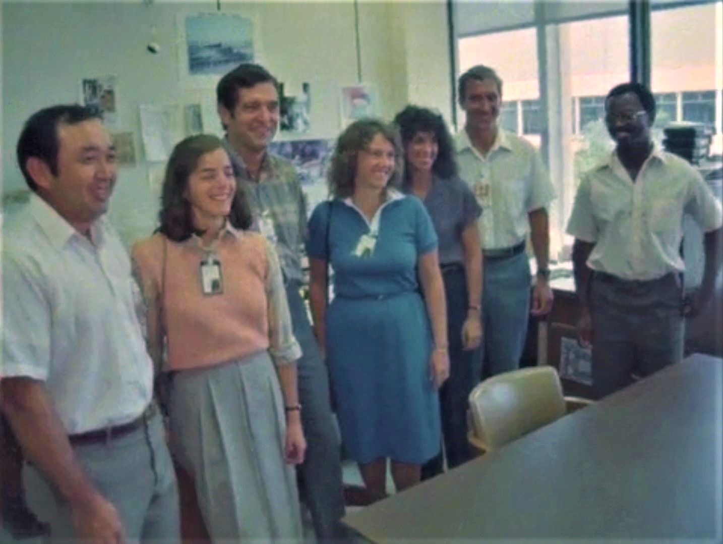 Barbara R. Morgan, second from left, and S. Christa McAuliffe, fourth from left, meet the STS-51L crew at NASA’s Johnson Space Center in Houston