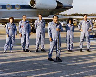 The STS-51L crew arrives at NASA’s Kennedy Space Center in Florida a few days before launch