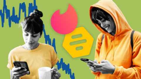 Two young women using phones with logos of Tinder and Bumble with a chart