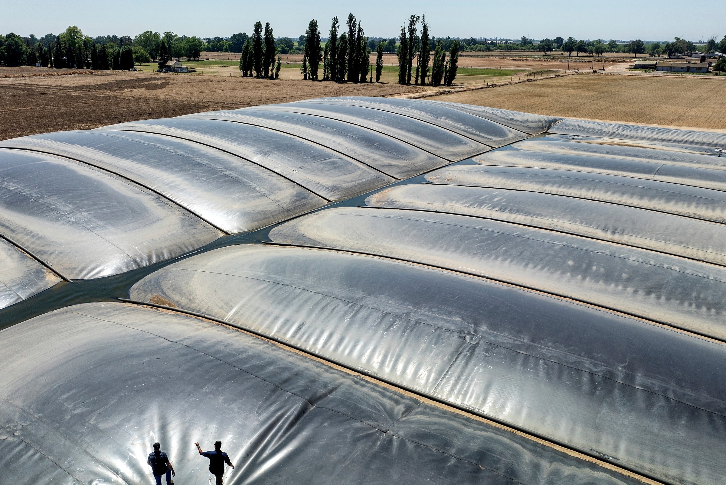 An aerial photo of a dairy farm biodigester, which captures methane from cow manure to generate energy.