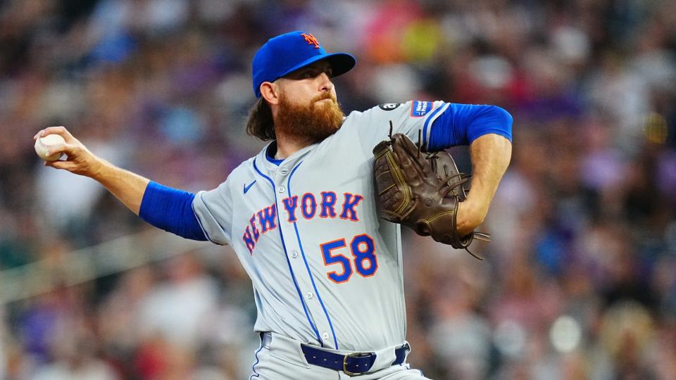 Aug 7, 2024; Denver, Colorado, USA; New York Mets starting pitcher Paul Blackburn (58) delivers a pitch in the sixth inning against the Colorado Rockies at Coors Field. Mandatory Credit: Ron Chenoy-USA TODAY Sports