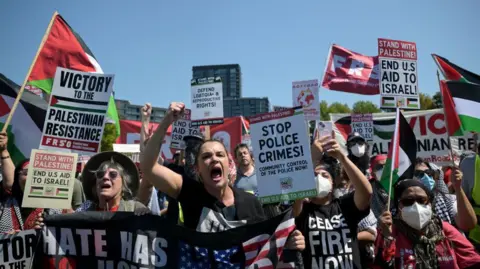 Getty Images Pro-Palestinian demonstrators outside the Democratic National Convention  near the United Center in Chicago