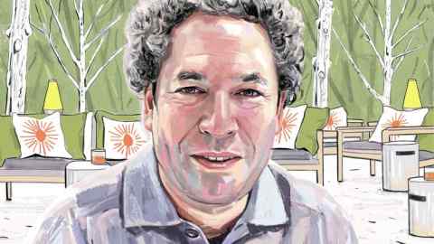 An illustrated portrait of a man with curly grey hair, set against a creatively abstract outdoor setting with green and orange accents