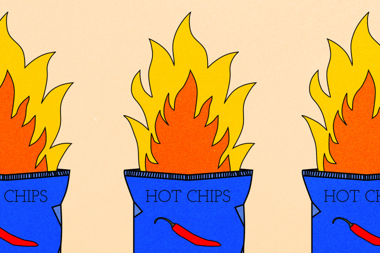 Illustrated chip bags with fire burning within them.