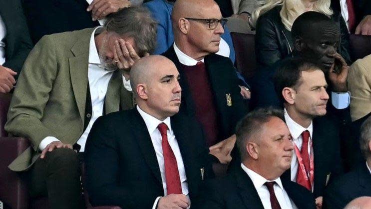 Manchester United co-owner Sir Jim Ratcliffe, chief executive Omar Berrada and sporting director Dan Ashworth at Old Trafford