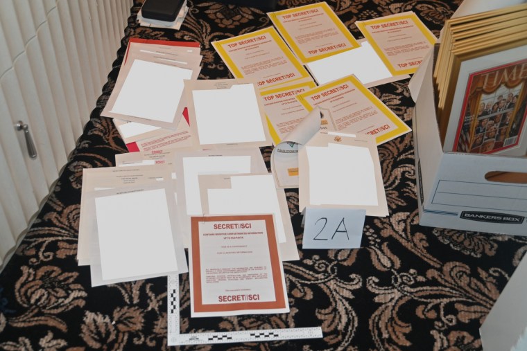 A photo of documents seized during the Aug. 8, 2022 FBI search of former President Donald Trump's Mar-a-Lago estate.