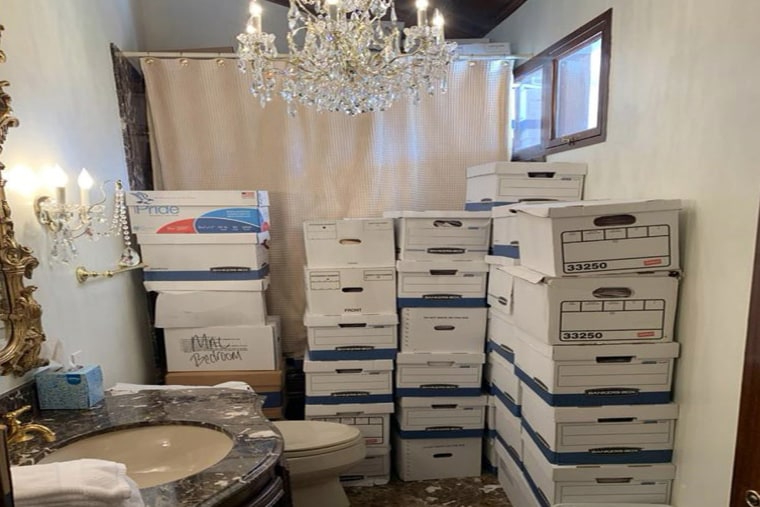 Boxes of records stored in a bathroom and shower in the Lake Room at Trump's Mar-a-Lago estate in Palm Beach, Fla.