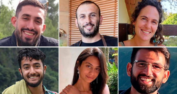 Hostages killed in Gaza (top row left to right) Ori Danino, Alexander Lobanov, Carmel Gat (bottom row left to right) Hersh Goldberg-Polin, Eden Yerushalmi and Almog Sarusi.