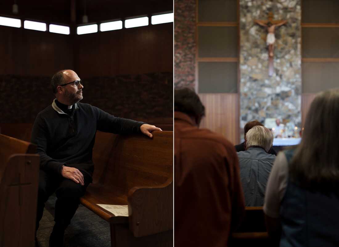 The photo on the left shows the Rev. Gary Benz sitting in a pew at the Sacred Heart Catholic Church in Glen Ullin, N.D., on May 24. His face is directed to the right, and he's wearing a dark top and clerical collar. The photo on the right shows people seated at the Sacred Heart Catholic Church with their backs to the camera, facing the front of the church.