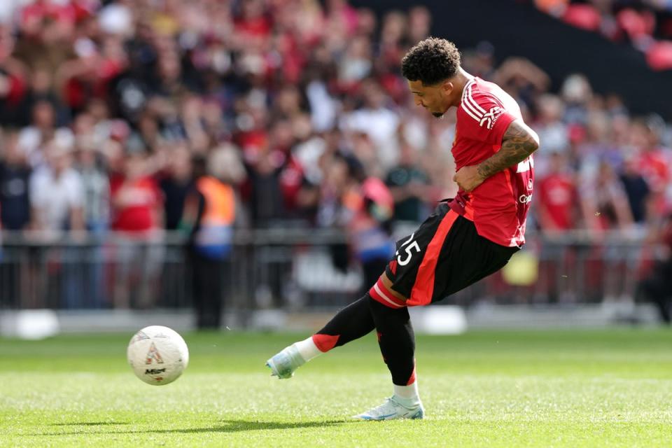 Jadon Sancho’s last competitive kick for Manchester United was a missed Community Shield penalty (Getty)