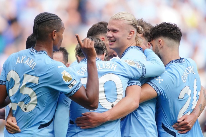 Manchester City’s Erling Haaland celebrates with team-mates