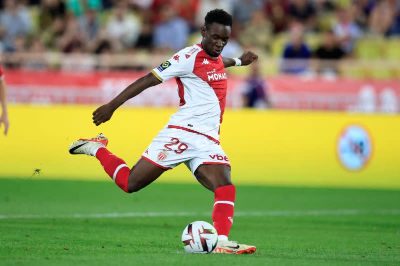 Monaco's US forward #29 Folarin Balogun shoots a second penalty during the French L1 football match between AS Monaco and OGC Nice at the Louis II Stadium in the Principality of Monaco on September 22, 2023. (Photo by Valery HACHE / AFP) (Photo by VALERY HACHE/AFP via Getty Images)