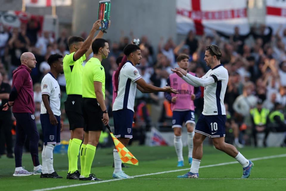 Grealish comes off for Gibbs-White to make his debut (Getty)