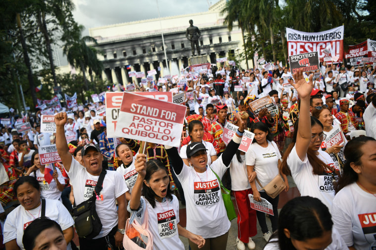 The Philippines said March 4 it would file sexual abuse charges against a Filipino pastor who is wanted in the US for child sex trafficking. Apollo Quiboloy, a self-proclaimed "Son of God" and ally of former president Rodrigo Duterte, is the founder of Philippines-based Kingdom of Jesus Christ church. (Photo by Ted ALJIBE / AFP) (Photo by TED ALJIBE/AFP via Getty Images)