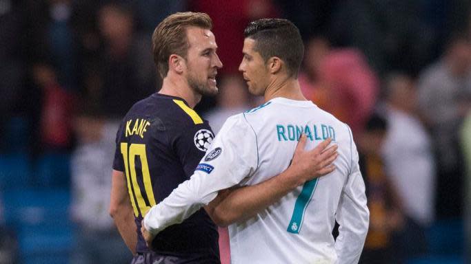 Harry Kane and Cristiano Ronaldo hug after a game