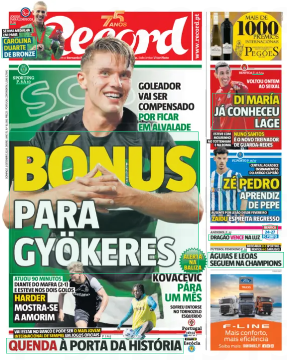 BONUS FOR GYÖKERES HE PLAYED 90 MINUTES AGAINST MAFRA (2-1) AND WAS IN BOTH GOALS GOALSCORER WILL BE COMPENSATED FOR STAYING IN ALVALADE Record8 Sep 2024 HARDER SHOWS HIMSELF TO AMORIM With an overwhelming start to the season, scored by 8 goals and 5 assists in 6 official games, between club and national team, Gyökeres used for the first time a critical tone to talk about the termination clause (100 M€) that allowed Sporting to resist his departure until the closing of the market. “It's too much, " he said bluntly before the Azerbaijan-Sweden match, arguing that after a season in which he had 43 goals and 15 assists in 50 games, only the high value of the clause will explain why there have been no moves. Is a new problem created in Alvalade, for the player or for the club? Judging by the performance and the words of the Swedish forward himself, no. 'Vik' made a point of making it very clear that he is happy with Leo on his chest and even showed understanding with SAD's strategy, aware that the great design of the season is the two-time championship, which has eluded him for 70 years. “They wanted to keep most of the starters and they were firm in holding us. I like Sporting very much, staying was not a problem,” he clarified. That said, the question is: Will Everything be the same between Sporting and Gyökeres after this market? The answer, here as in the previous question, is: no. On hold In fact, according to the report, although until now there have been no concrete developments in this direction., GOALSCORER IS HAPPY AT ALVALADE BUT ALSO ASSUMES HE WOULD LIKE TO MAKE THE LEAP TO ANOTHER LEAGUE on the table is the possibility that Frederico Varandas ' administration will reward Gyökeres through a salary increase,which will have to be done without contract extension or public communication. On the side of the spearhead, our newspaper knows, the expectation that this can happen is high; on the part of Sporting, despite the desired discretion around the process, there is receptivity to reward a player who was the great protagonist of the conquest of the title and who, at 26, continues not only to attract the interest of European sharks but also to feed the will to make the leap to a more competitive league than than the Portuguese. "I have a lot of fun at Sporting and I can't complain about anything, so I have no problem staying. We always want to try other leagues and a higher level, of course, but I'm not stressed about it,” Gyökeres said. It is in this context, without drama or fuss but with the exit door ajar for 2025, that the Lions ' top scorer expects to be called soon to discuss his contractual situation, adjusting it to the status confirmed and reinforced over the past few months.